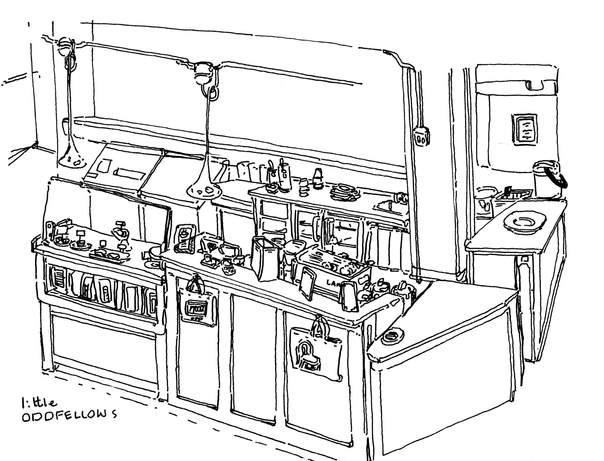 The Little OddFellows in Elliot Bay Books, sketched out in ink
  