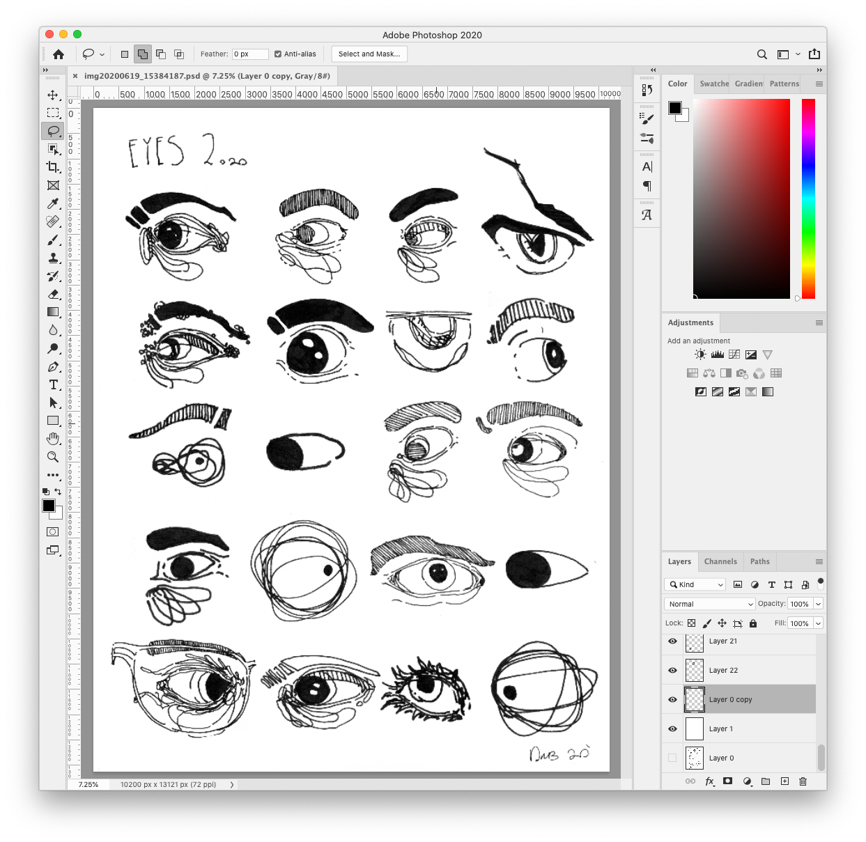 picture of photoshop UI and drawing I did of many eyes