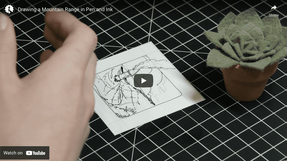 This is a clip of me inking and painting in watercolour a distant mountain range with a tower nestled in it. I inked the piece using my Rotring Isograph 0.