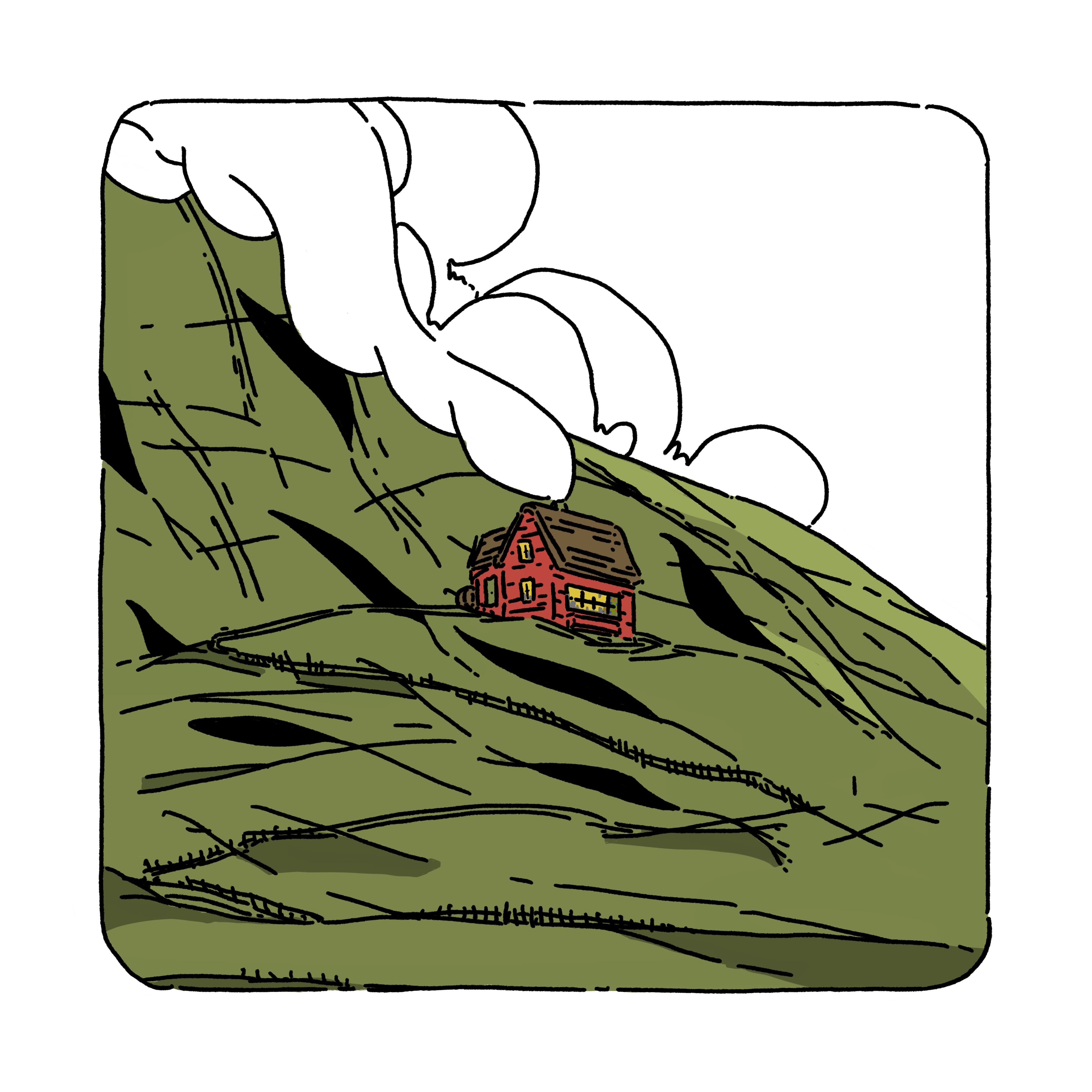 Red cottage on a green hill