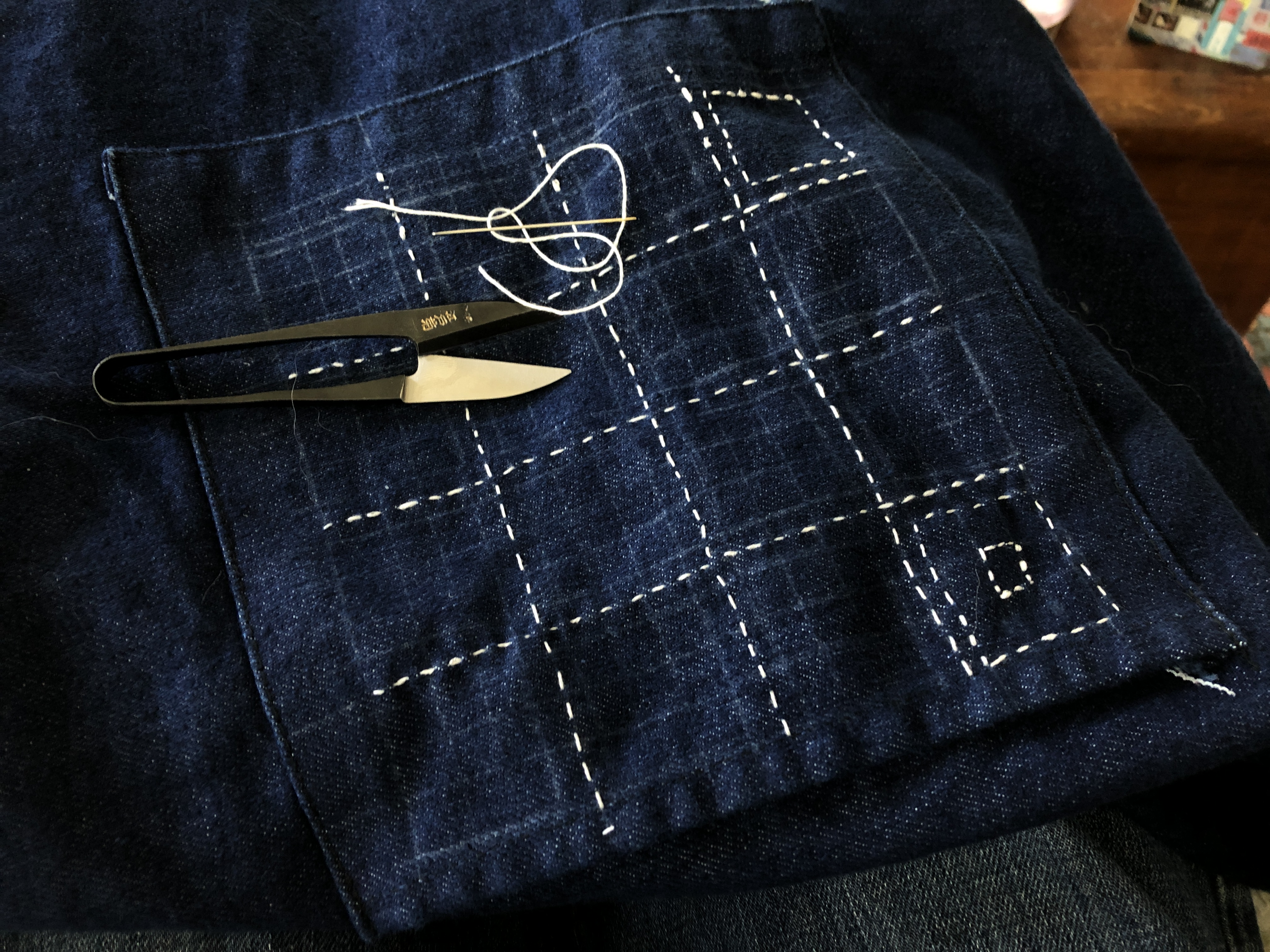embroidered blue fabric pocket with needle, snips, and thread
